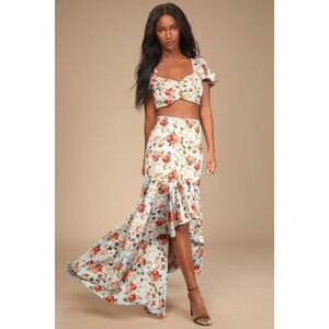 Lulus Easily Enchanting Light Blue Floral Print High-low Maxi Skirt - Size XS